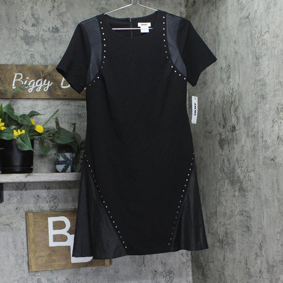 NWT DKNY Womens Short Sleeve Leather Detail Flare Sheath Dress DD3J1489 Black 10 - Picture 5 of 11